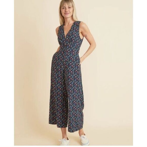 NWT Marine Layer Holli Sleeveless Jumpsuit Blue Cherry Print Pockets Tie Belt XS - Picture 14 of 14